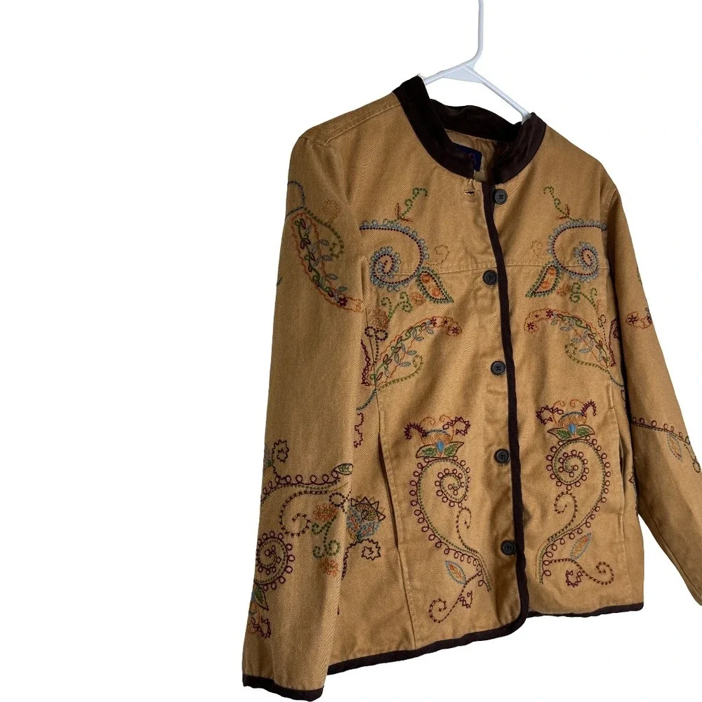 Denim & Co Womens Tan Corduroy Embroidered Floral‎ Paisley Jacket Medium A69383